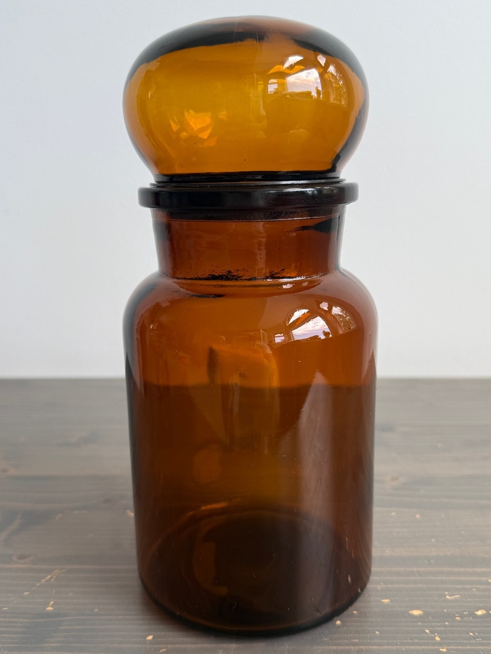 Vintage bubble lid amber glass apothecary jar